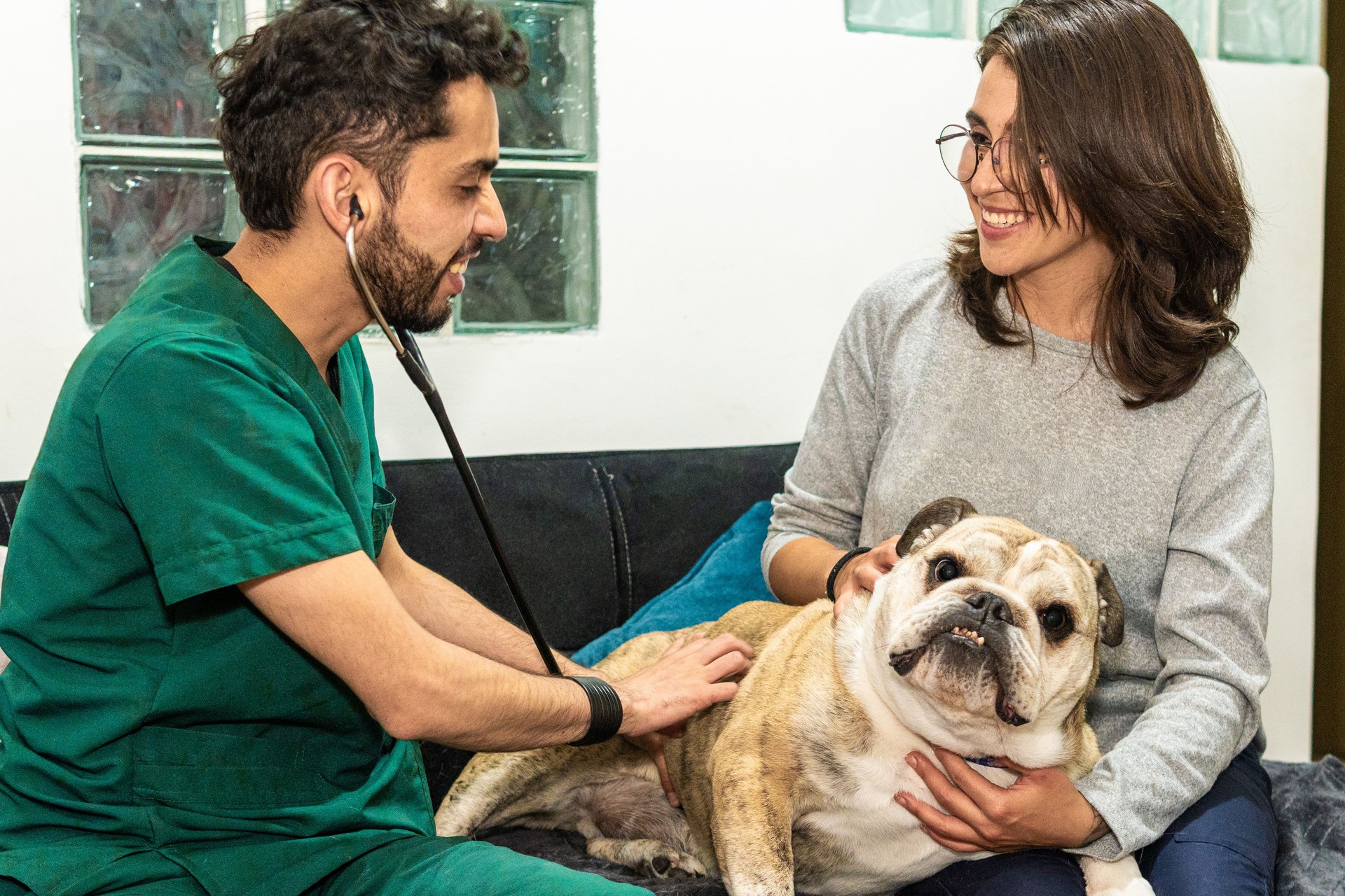 A man in a green lab coat is examining a dog
